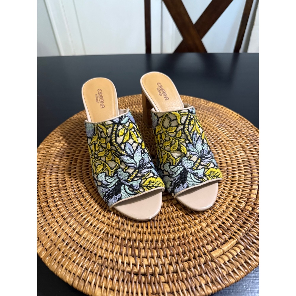 Crown Vintage Clara Embroidered Floral Block Heel Mules Yellow Blue 7.5M